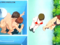 エロアニメ ビーチで水着の先輩痴女が激しい逆レイプ! バレないかドキドキエッチ
